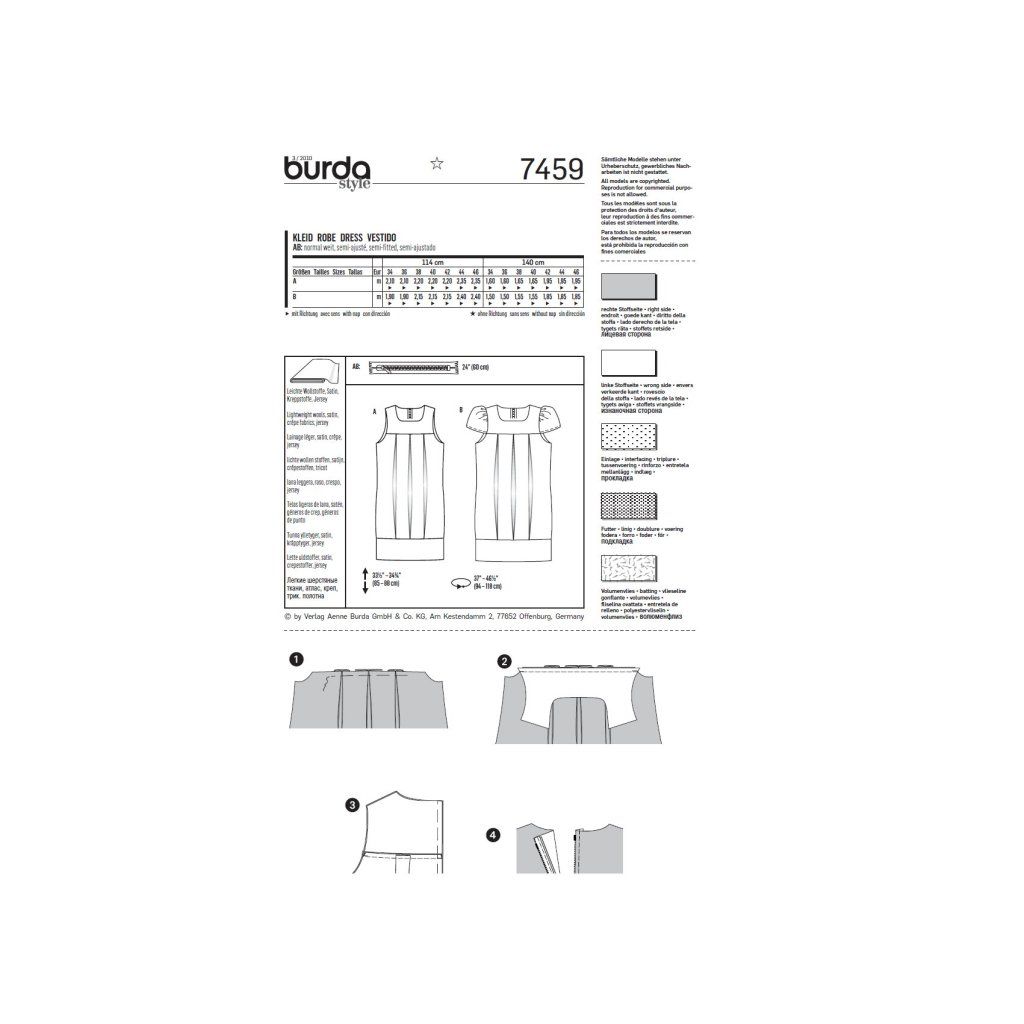 خرید آنلاین الگو خیاطی پیراهن و سارافون زنانه بوردا استایل کد 7459 سایز 34 تا 46 متد مولر