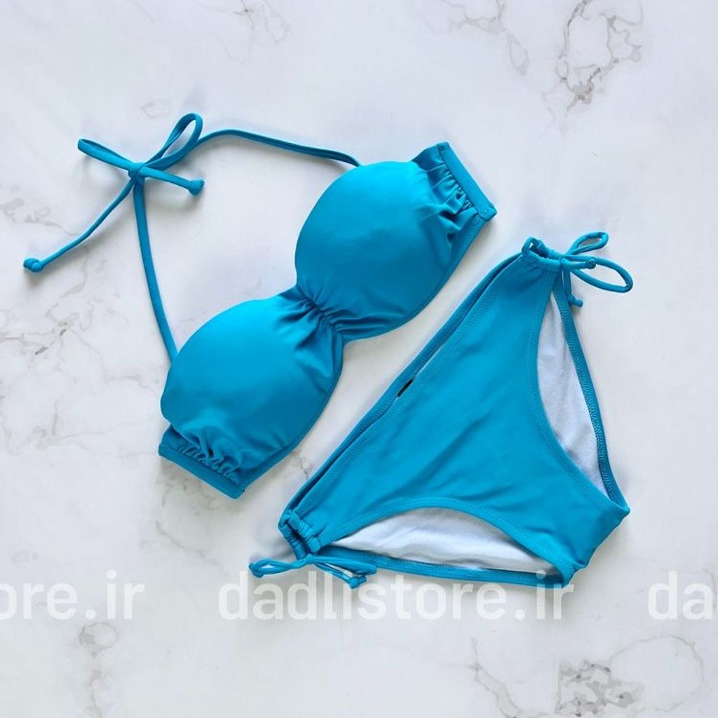 خرید آنلاین بیکینی کاپدار بندی پوش آپ دار طرح آبی فیروزه ای