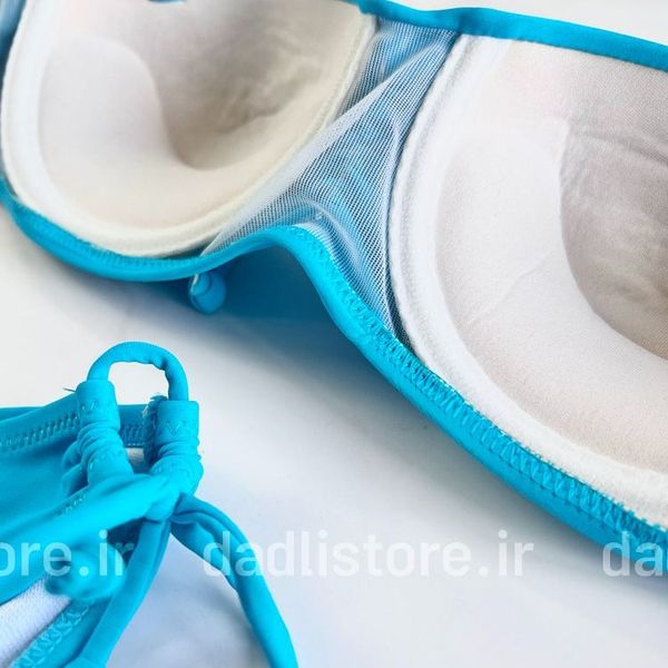 بیکینی کاپدار بندی پوش آپ دار طرح آبی فیروزه ای