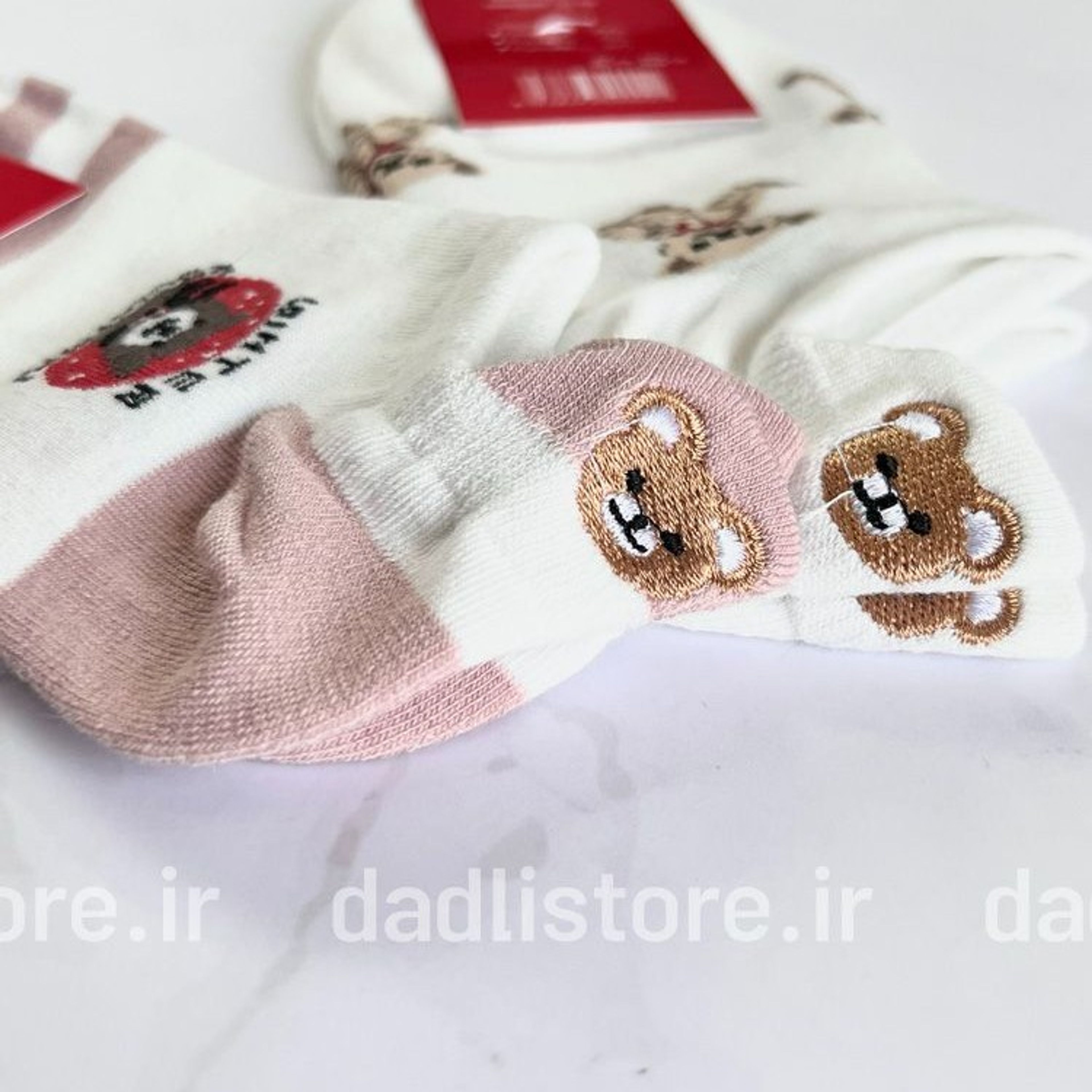 فروش اینترنتی جوراب نخ پنبه مچی سفید گلبهی طرح تدی