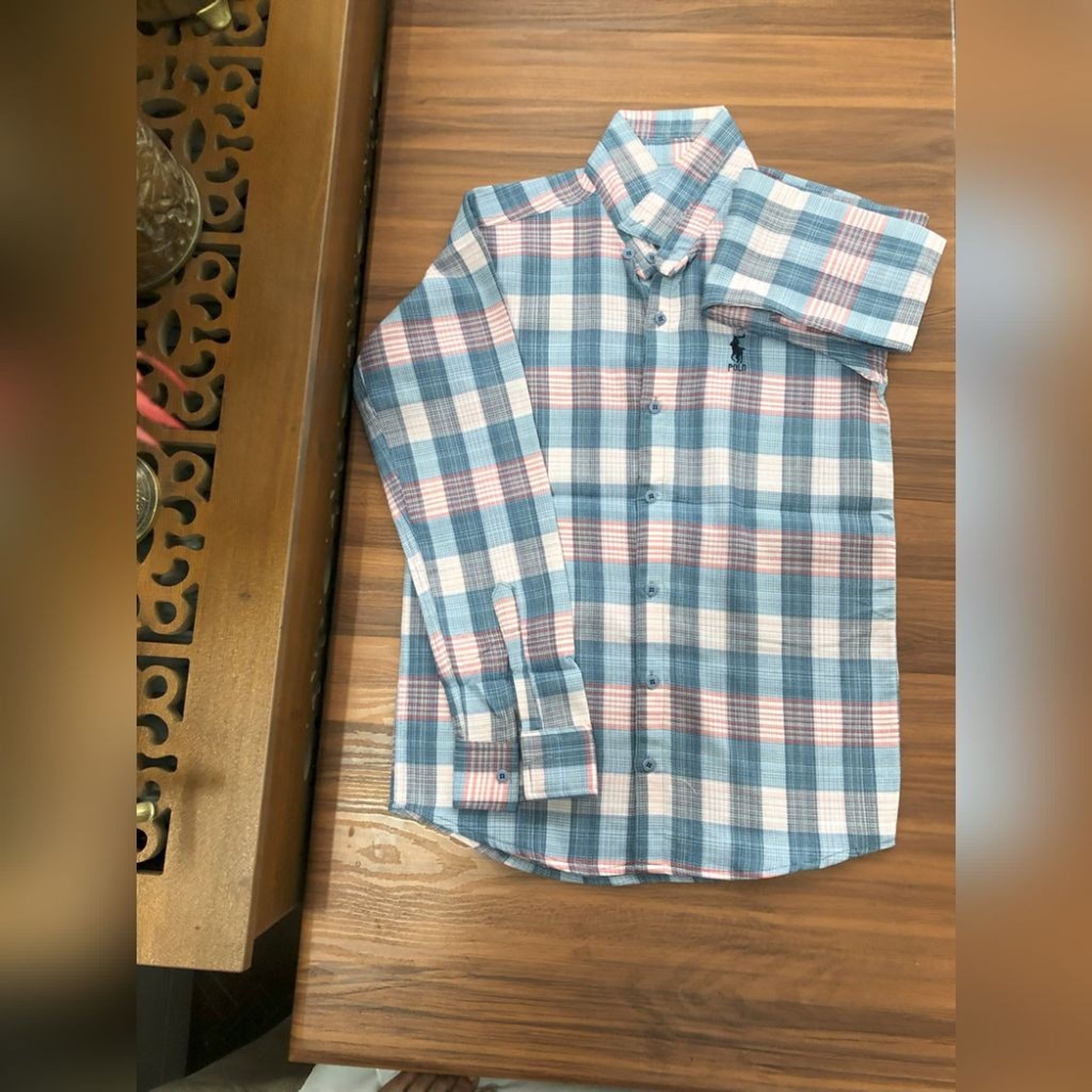 فروش اینترنتی پیراهن مردانه چهارخونه بیسکویتی POLO صورتی - آبی