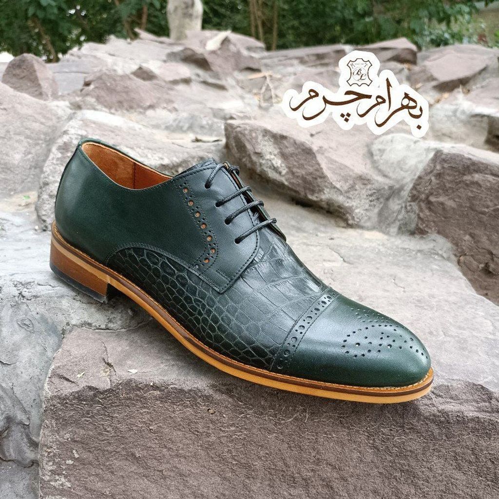 خرید اینترنتی کفش مردانه مجلسی چرم طبیعی مدل کارلو کروکودیلی زیتونی 