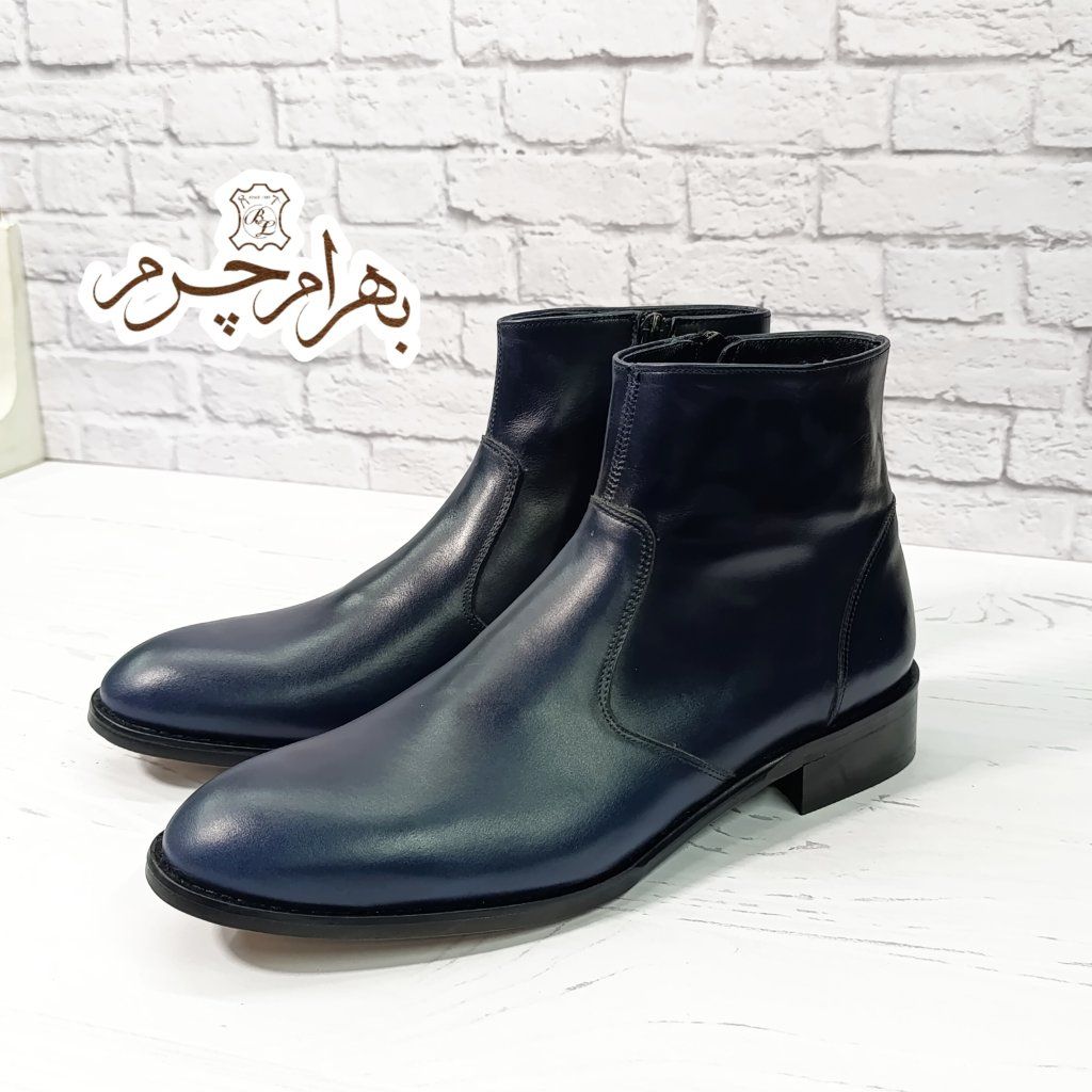 خرید اینترنتی نیم بوت مردانه رسمی رنگی خاص چرم طبیعی مدل آلپاین کلاسیک سرمه ای 