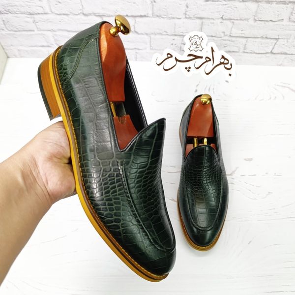 کفش مردانه کالج چرم طبیعی دست دوز کاپری کروکودیلی یشمی