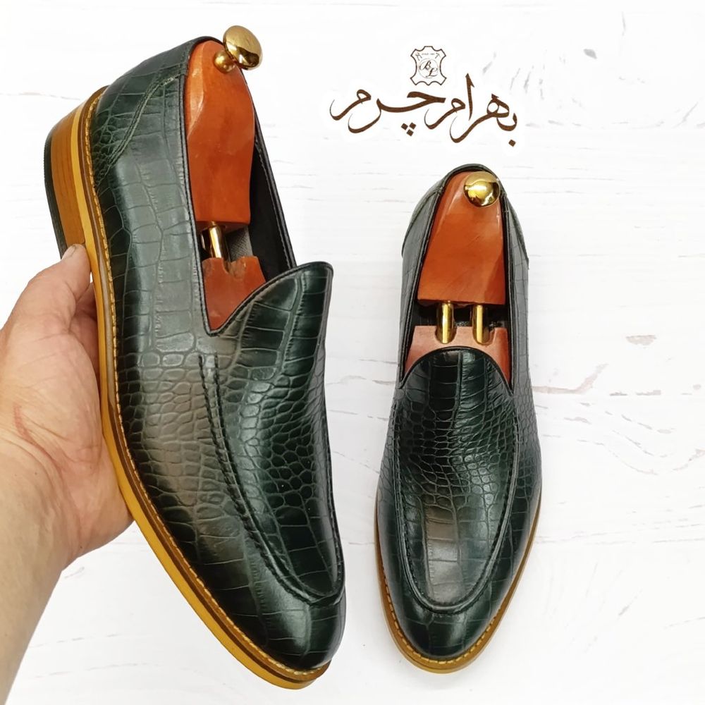 خرید اینترنتی کفش مردانه کالج چرم طبیعی دست دوز کاپری کروکودیلی یشمی