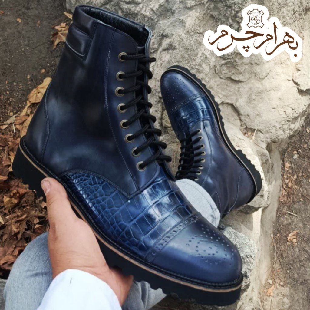 خرید اینترنتی بوت مردانه اسپرت چرم طبیعی دست دوز مدل دماوند پلاس سرمه ای