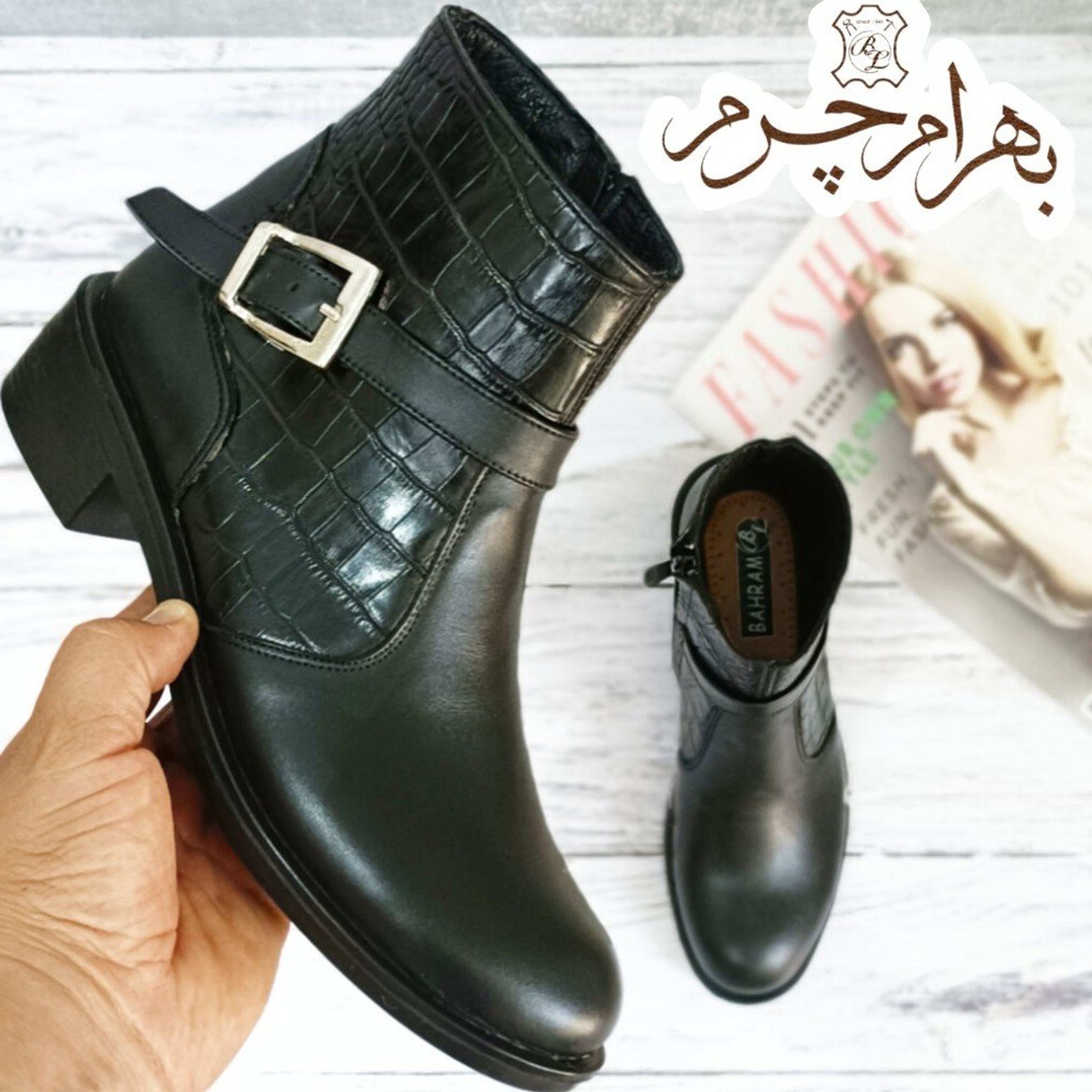 فروش اینترنتی نیم بوت زنانه اسپرت چرم طبیعی مشکی مدل کاترین پلاس