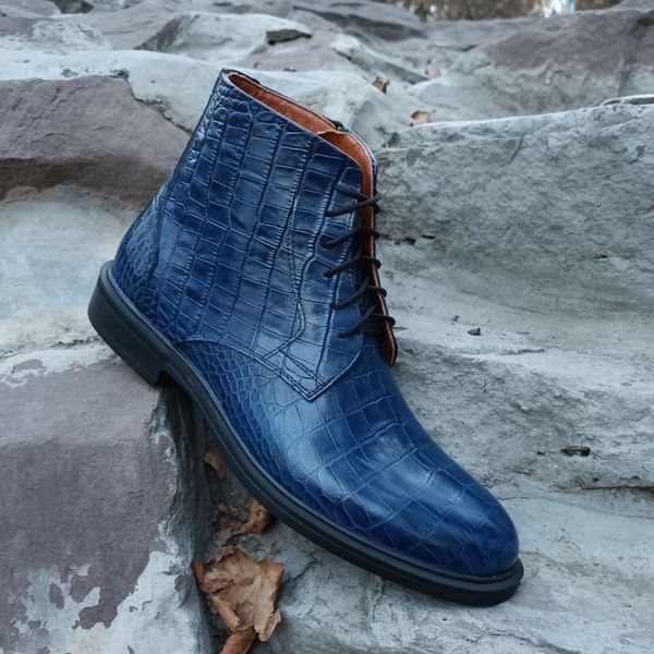 نیم بوت مردانه اسپرت چرم طبیعی مدل البرز کروکودیلی سرمه ای