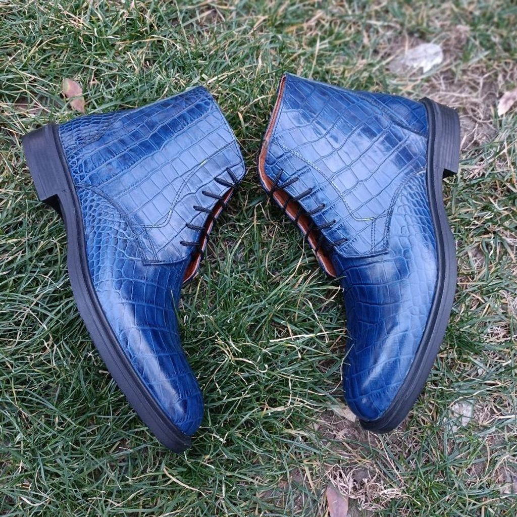فروش اینترنتی نیم بوت مردانه اسپرت چرم طبیعی مدل البرز کروکودیلی سرمه ای
