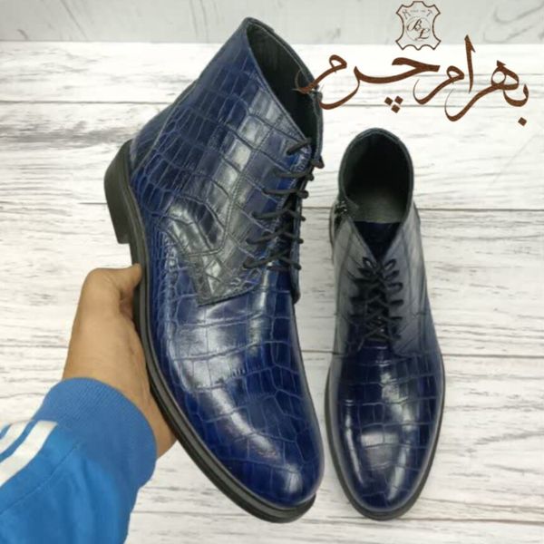 نیم بوت مردانه اسپرت چرم طبیعی مدل البرز کروکودیلی سرمه ای