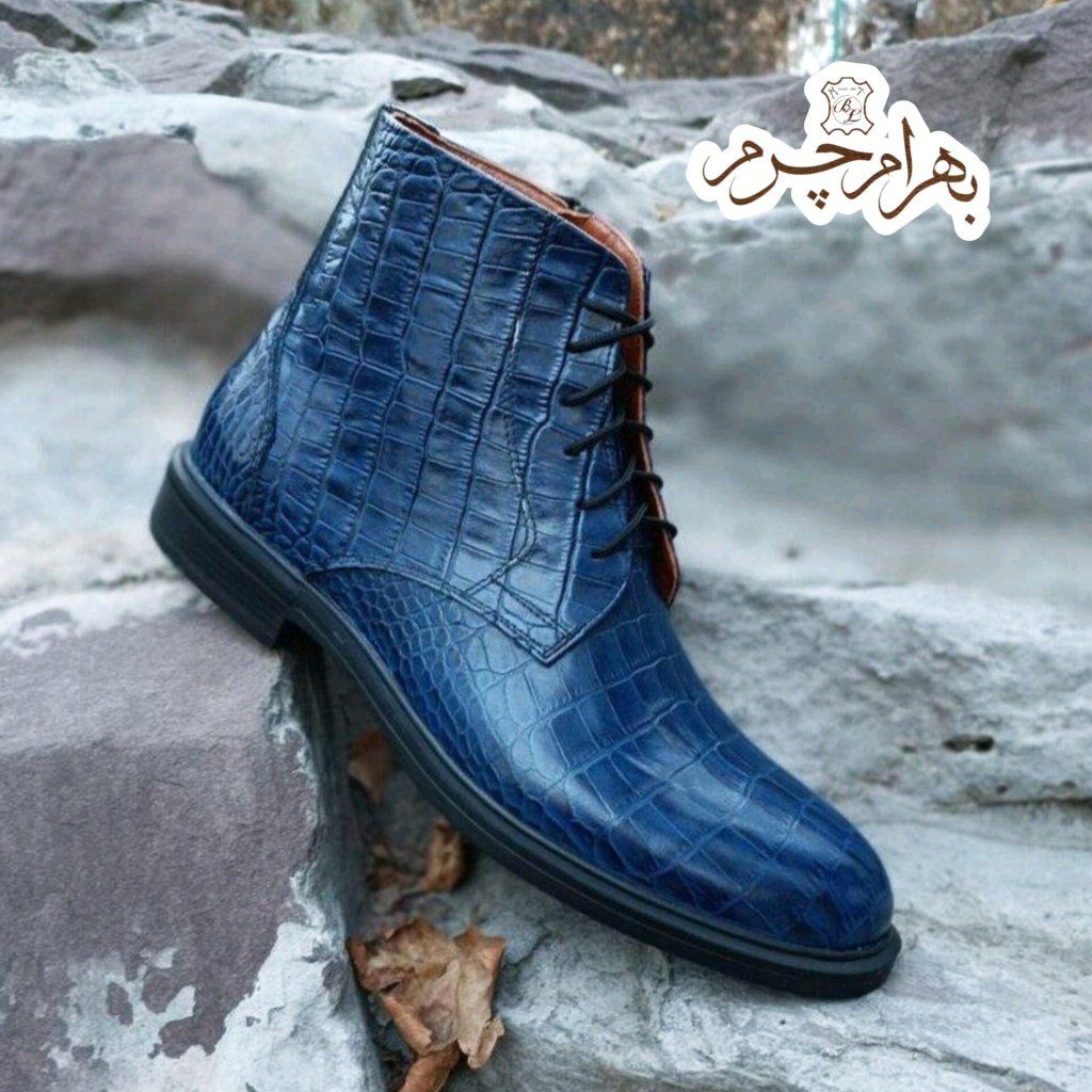 فروش اینترنتی نیم بوت مردانه اسپرت چرم طبیعی مدل البرز کروکودیلی سرمه ای