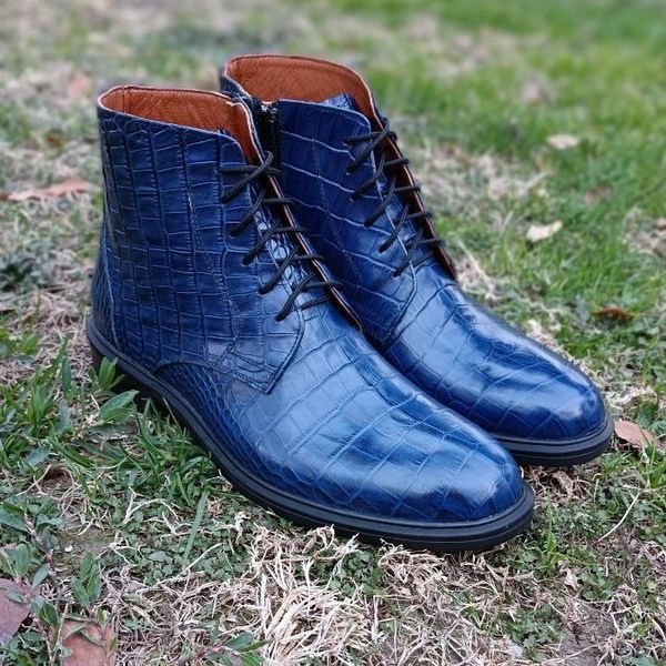 نیم بوت مردانه اسپرت چرم طبیعی مدل البرز کروکودیلی سرمه ای