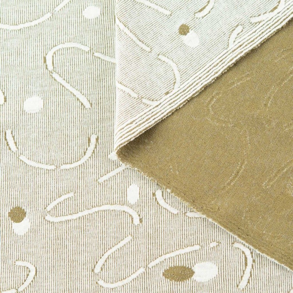 فروش اینترنتی پارچه ژاکارد کشی سبز کرم خال خالی(P0327)