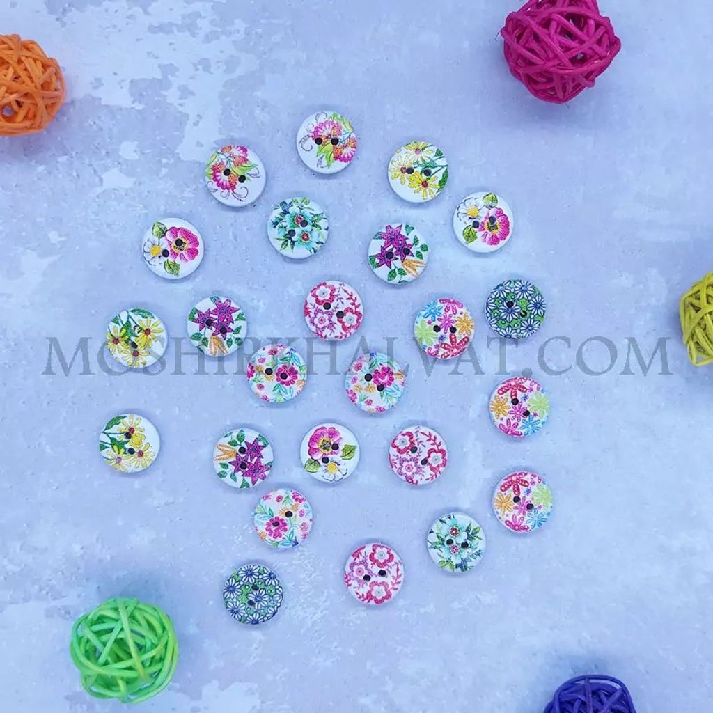 فروش اینترنتی دکمه چوبی چاپی طرح گل بسته 24 عددی