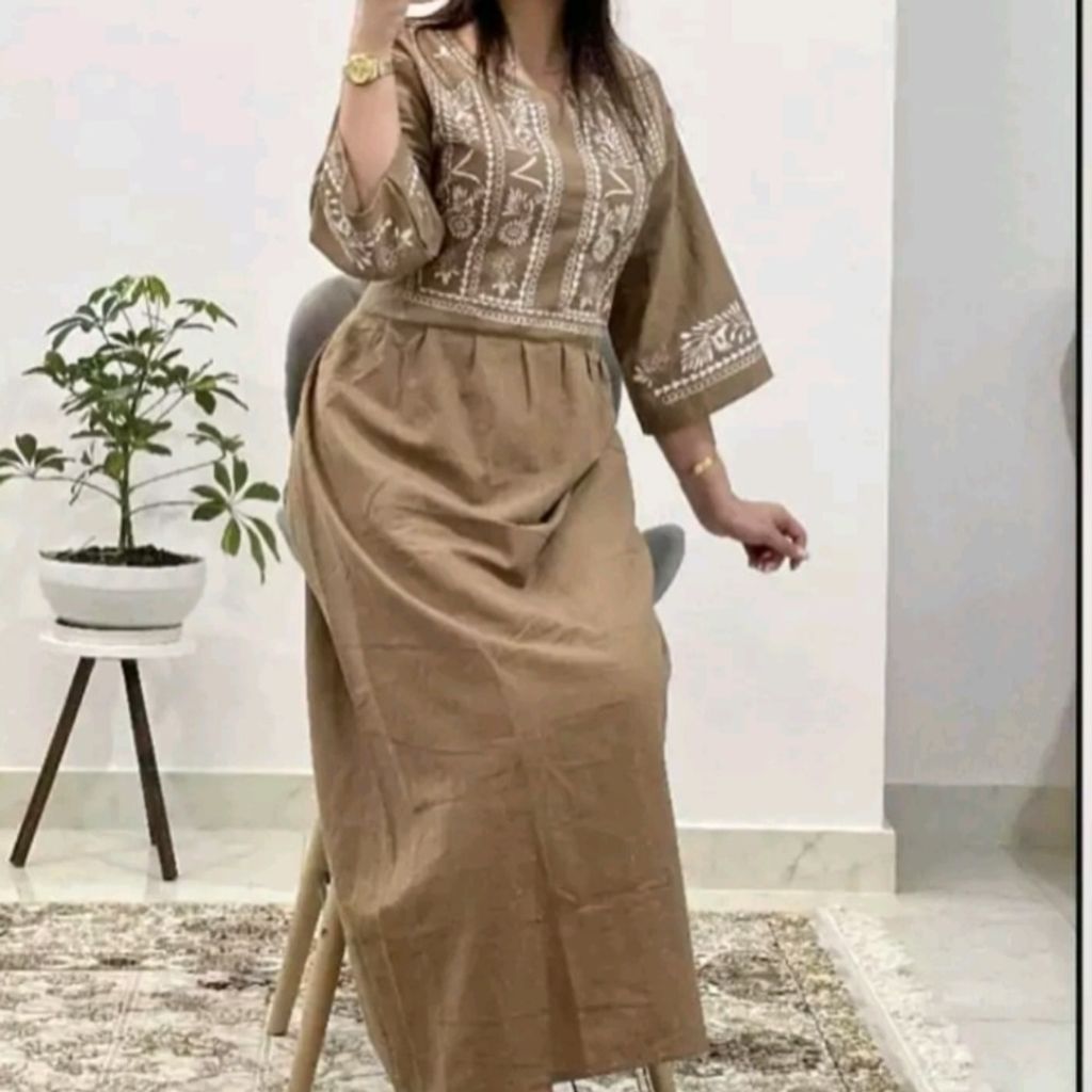 فروش اینترنتی مانتو زنانه کتان نخ مانتو پیراهنی دخترانه لنین فری سایز