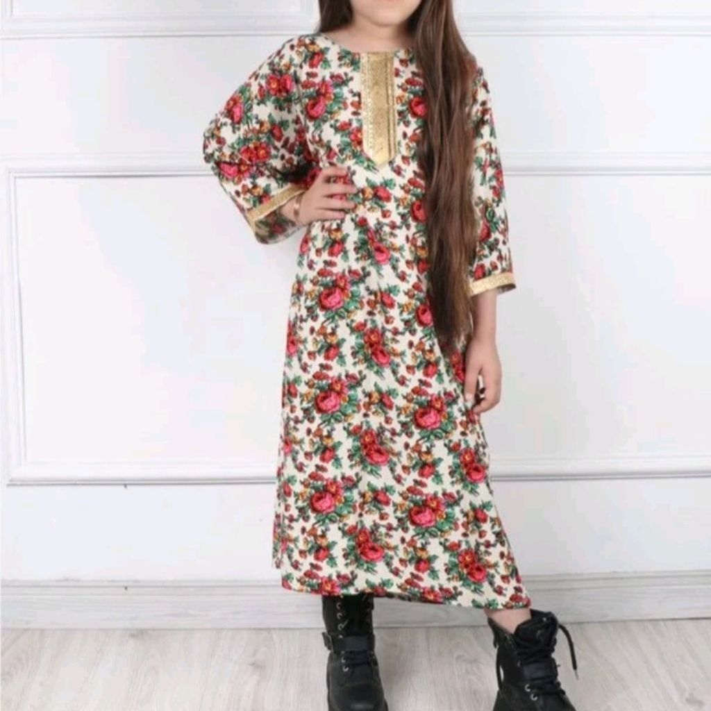 خرید اینترنتی پیراهن ساحلی دخترانه طلاکوب گل ریز برای 8 سال تا 12 سال قد پیراهن 100 سانت