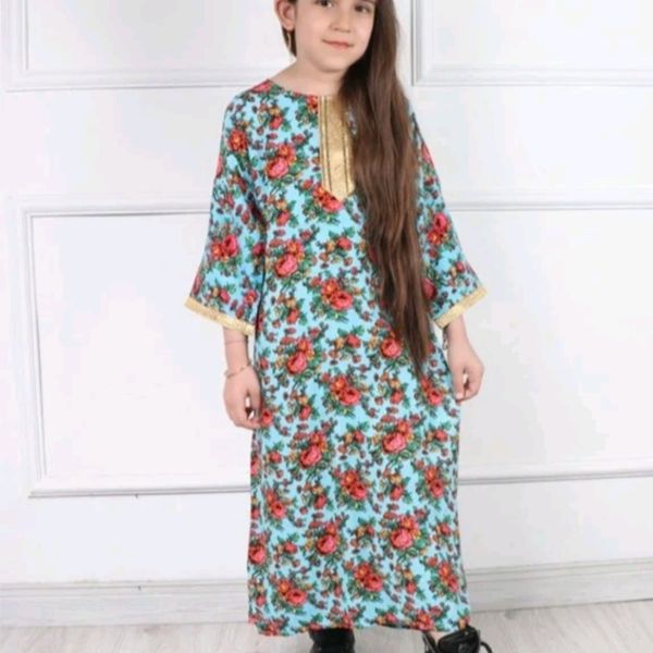 پیراهن ساحلی دخترانه طلاکوب گل ریز برای 8 سال تا 12 سال قد پیراهن 100 سانت