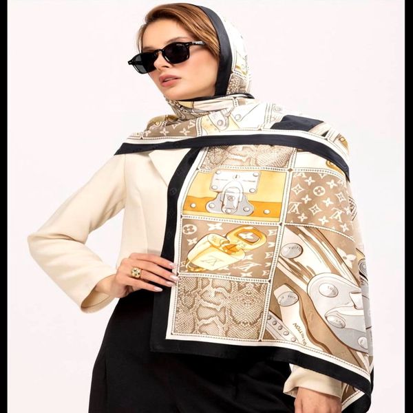 شال ابریشم ژاکارد مجلسی دور روز زنانه طرح هرمس