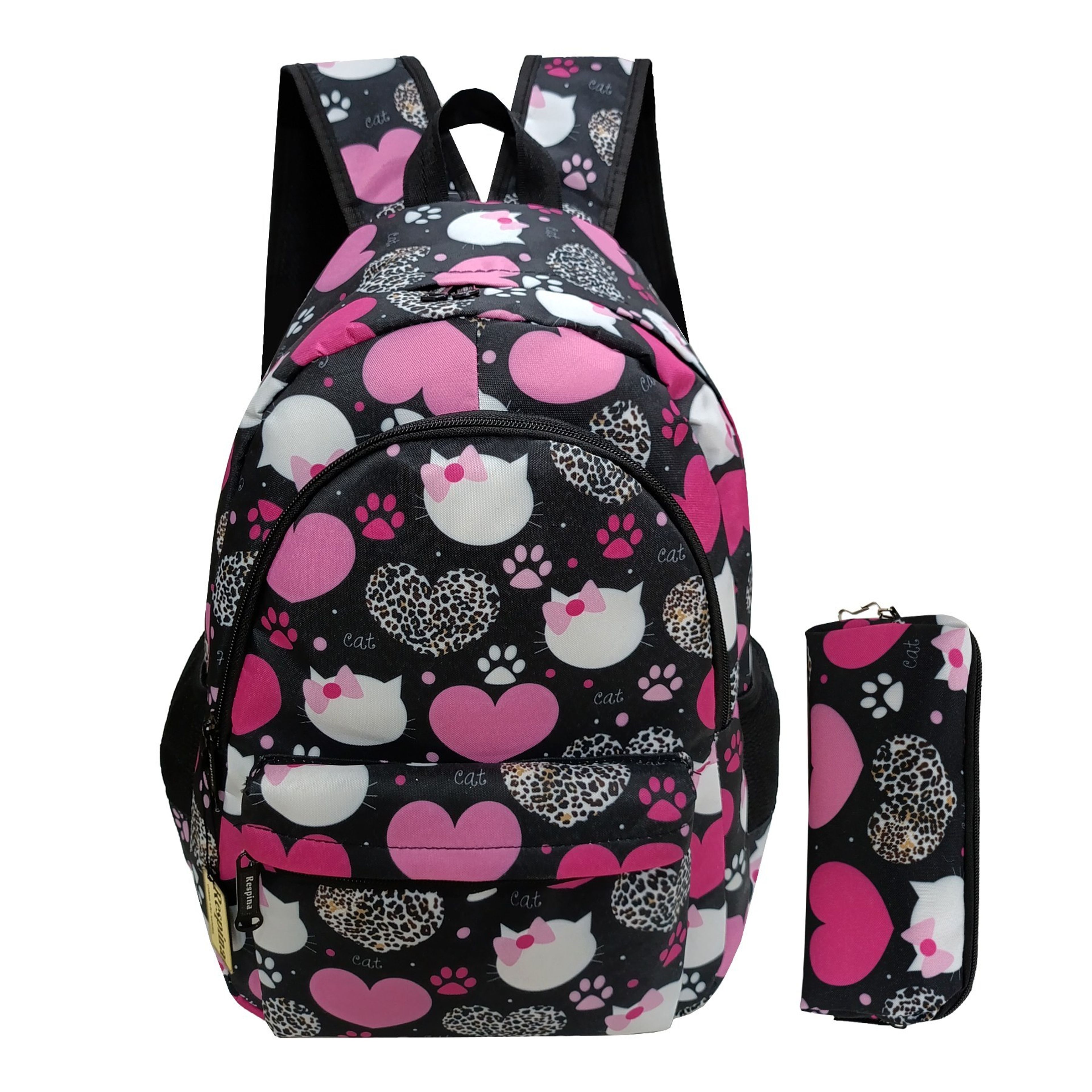 خرید اینترنتی کیف مدرسه دخترانه مدل قلب و گربه heart cat با جامدادی (برند رسپینا)