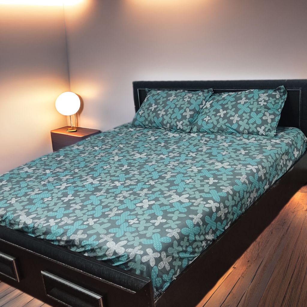 خرید اینترنتی روتختی نیم ست دونفره  طرح گل سبز آبی