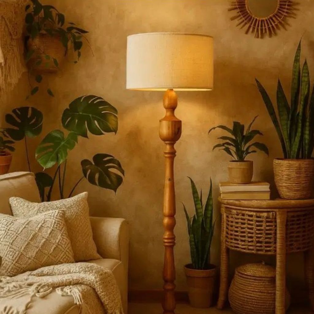 قیمت آباژور ایستاده چوبی کنار سالنی با شید پارچه ای