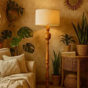 آباژور ایستاده چوبی کنار سالنی با شید پارچه ای