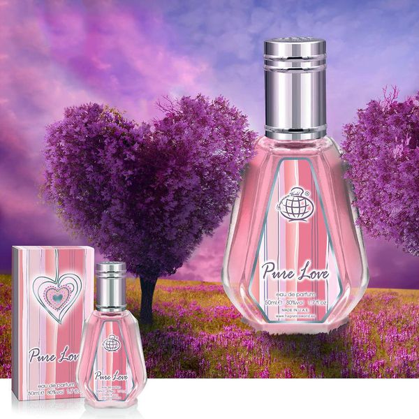 عطر ادکلن زنانه پور لاو فراگرنس ورد Pure Love - شیرین و خنک و گلی مرکباتی - 50 میل - ماندگاری و پخش بو عالی - پرفروش