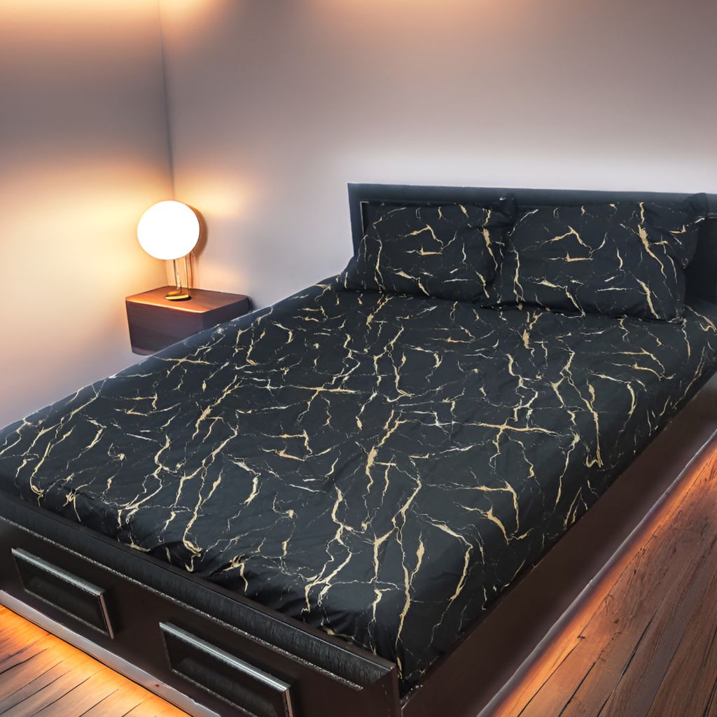 فروش اینترنتی روتختی دونفره نیم ست ابروبادی سورمه ای  طرح ماربل طلایی