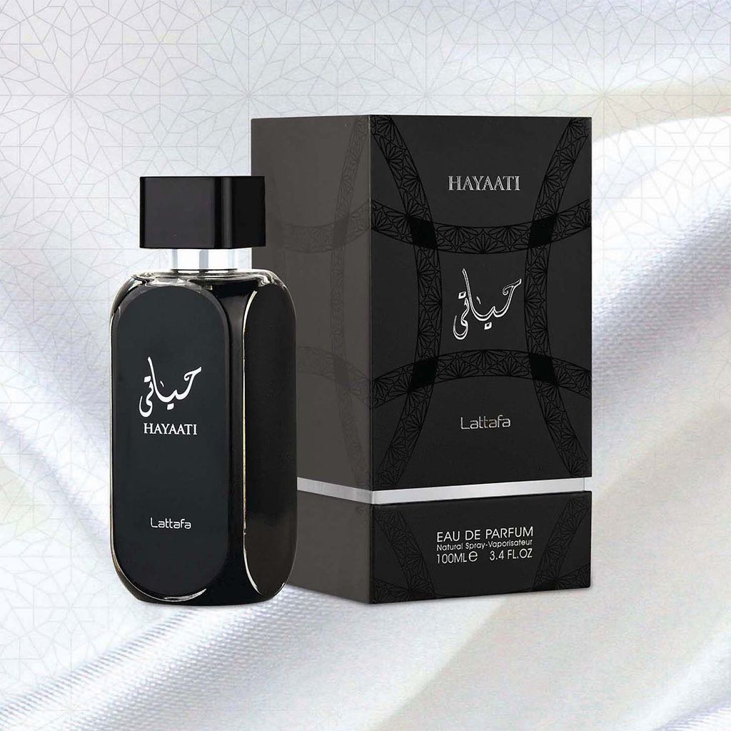 فروش اینترنتی عطر ادکلن باکیفیت زنانه لطافه حیاتی (Lattafa Hayaati) - 100 میل - ماندگاری و پخش بو عالی - خنک و شیرین و کمی تلخ - هارد باکس