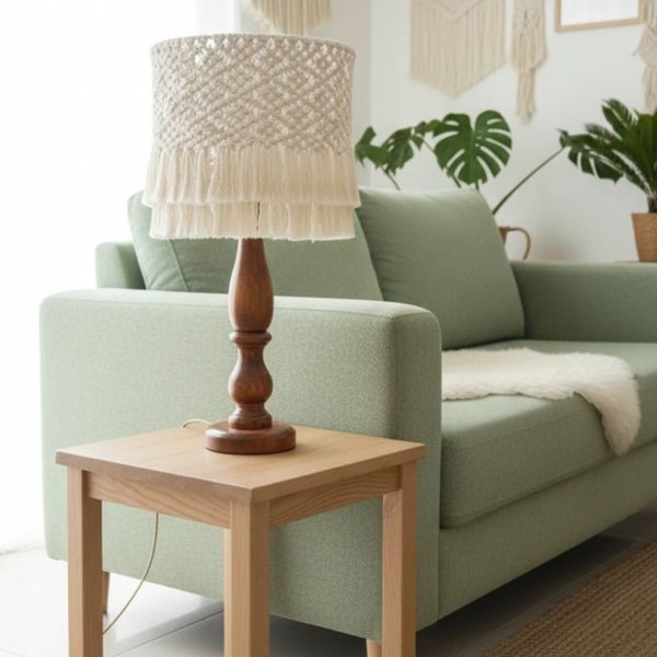 آباژور چوبی رو میزی با شید مکرومه بافت شده