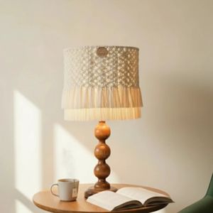 قیمت ارزان آباژور چوبی رو میزی با شید مکرومه بافت شده