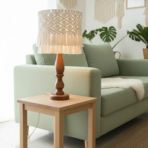 آباژور چوبی رو میزی با شید مکرومه بافت شده