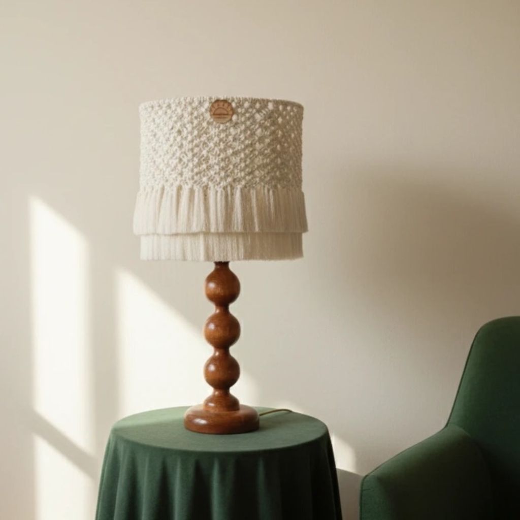 قیمت آباژور چوبی رو میزی با شید مکرومه بافت شده