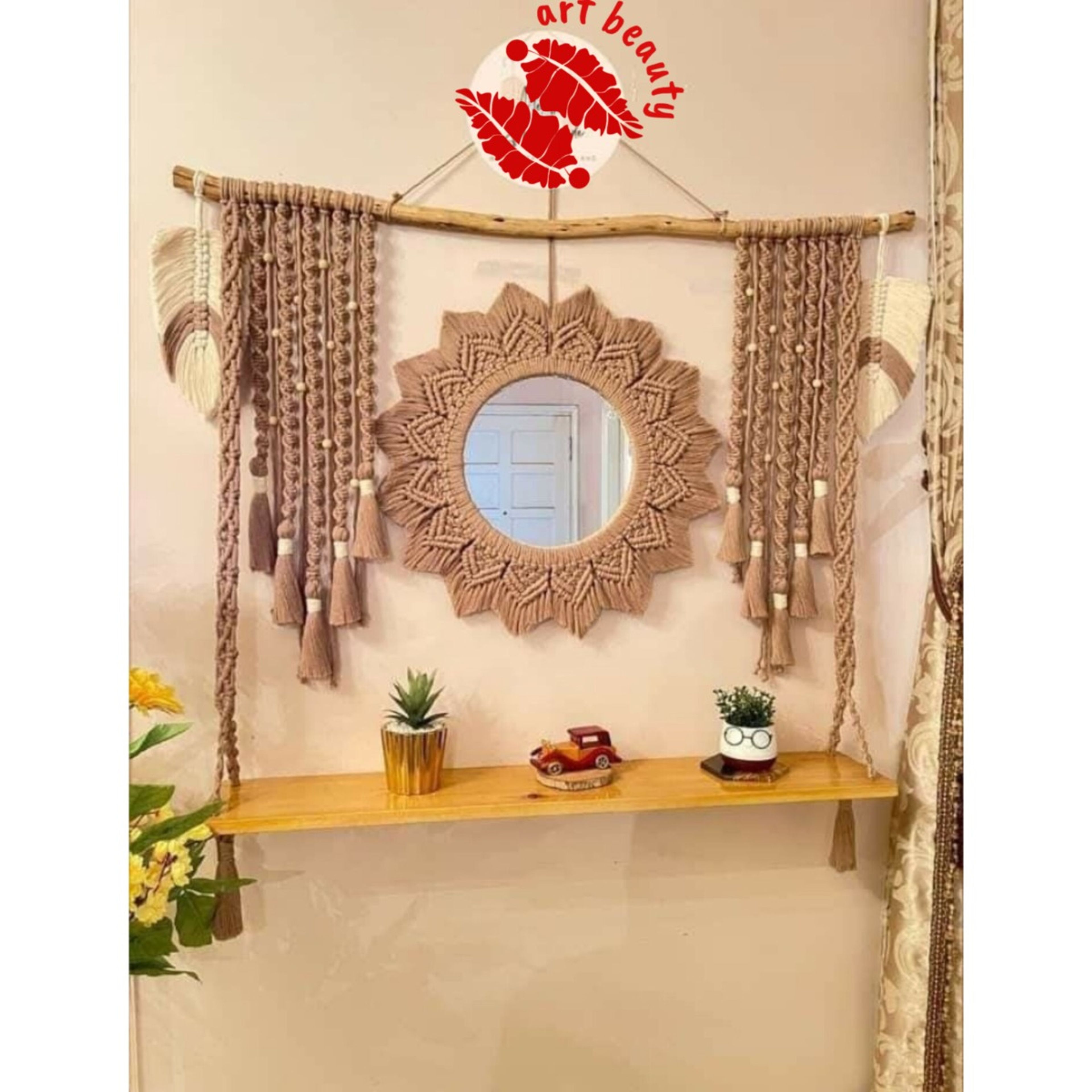 خرید آنلاین شلف چوبی مکرومه همراه با قاب اینه پک کامل