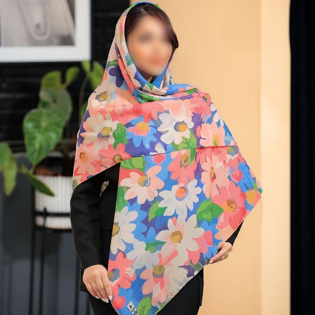خرید اینترنتی شال و روسری نخی چهار فصل  اسپان  اعلاء منگولدار طرح آبرنگی
