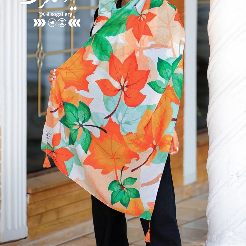 خرید اینترنتی شال و روسری نخی چهار فصل اسپان  اعلاء طرح برگ آبرنگی 