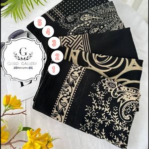 فروش اینترنتی  روسری حریرنخ اعلاء قواره مجلسی  میکس مشکی طلایی طرحدار ترند ارسال رایگان