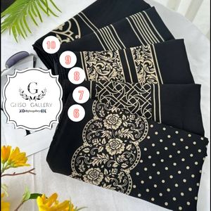 فروش اینترنتی  روسری حریرنخ اعلاء قواره مجلسی  میکس مشکی طلایی طرحدار ترند ارسال رایگان