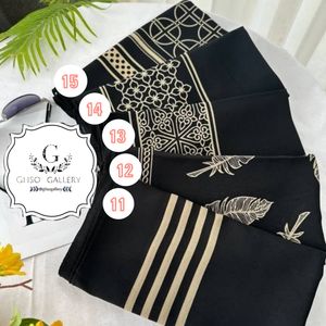 خرید آنلاین  روسری حریرنخ اعلاء قواره مجلسی  میکس مشکی طلایی طرحدار ترند ارسال رایگان