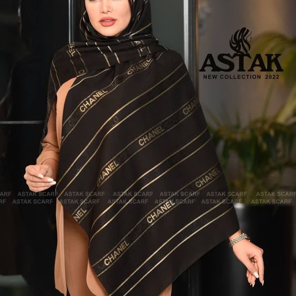 خرید اینترنتی روسری مشکی دورو طرحدار طلا بافت زمینه برجسته  طرح برجسته برند آستک ترک وارداتی (ارسال رایگان)