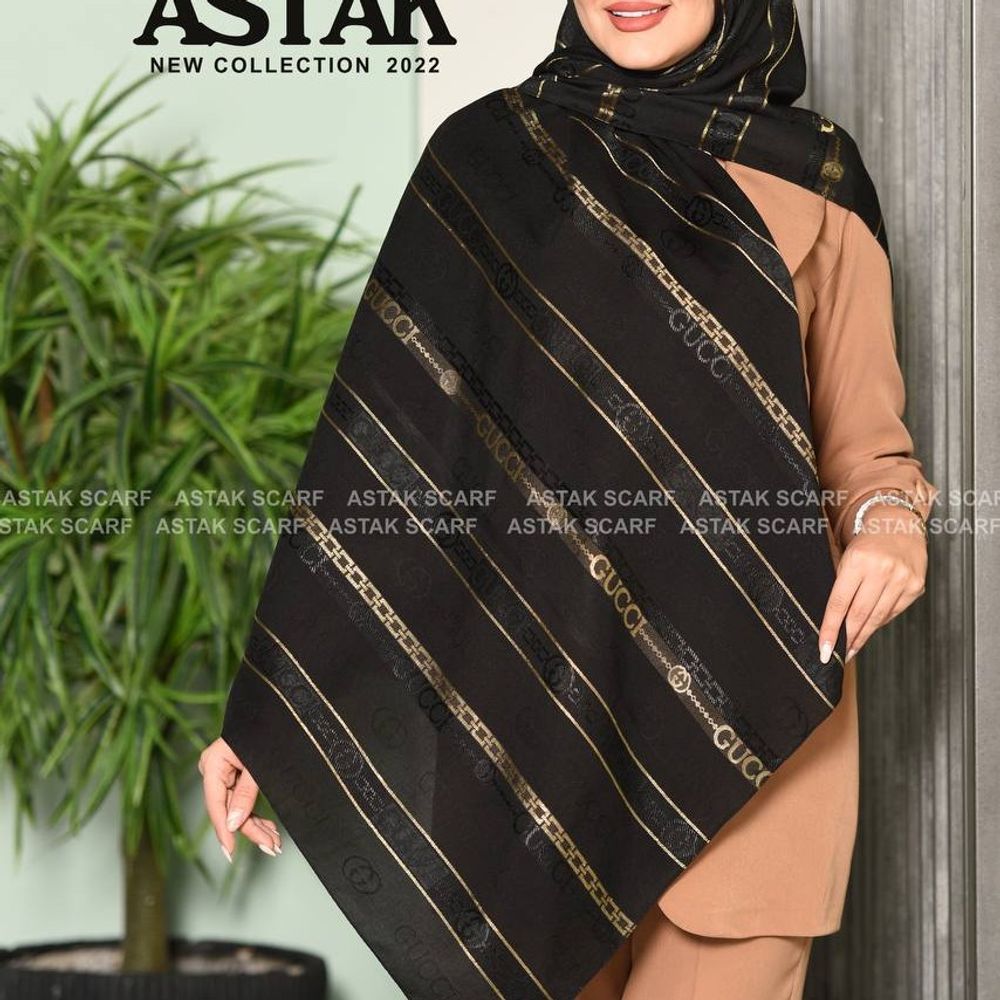 خرید آنلاین روسری مشکی دورو طرحدار طلا بافت زمینه برجسته  طرح برجسته برند آستک ترک وارداتی (ارسال رایگان)