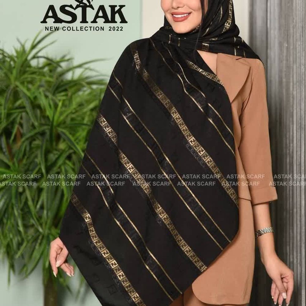 خرید آنلاین روسری مشکی دورو طرحدار طلا بافت زمینه برجسته  طرح برجسته برند آستک ترک وارداتی (ارسال رایگان)