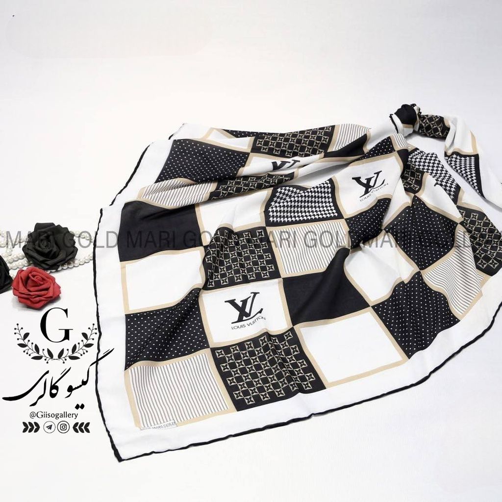 فروش اینترنتی روسری پارچه اعلا دستدوز برند ماری گلد میکس مشکی طلایی