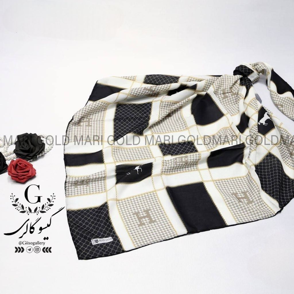 فروش اینترنتی روسری پارچه اعلا دستدوز برند ماری گلد میکس مشکی طلایی