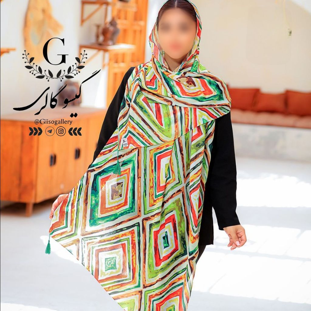 خرید آنلاین شال پارچه اسپان نخ طرح آبرنگی منگولدار  طرحبندی