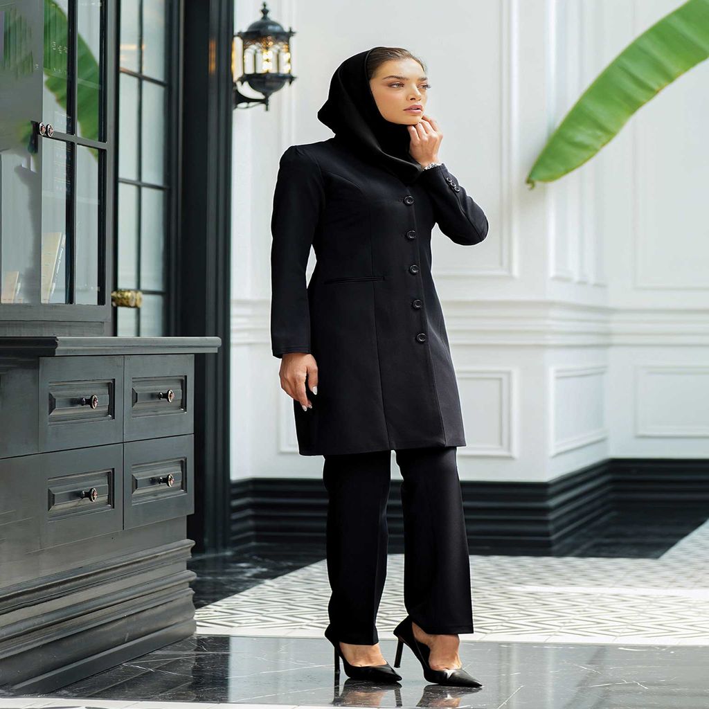 خرید اینترنتی قیمت مانتو شلوار اداری باران دخت مدل یقه ایستاده کد 9099