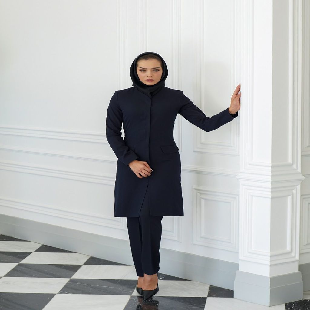 خرید اینترنتی قیمت مانتو شلوار اداری باران دخت مدل دکمه مخفی کد 1785