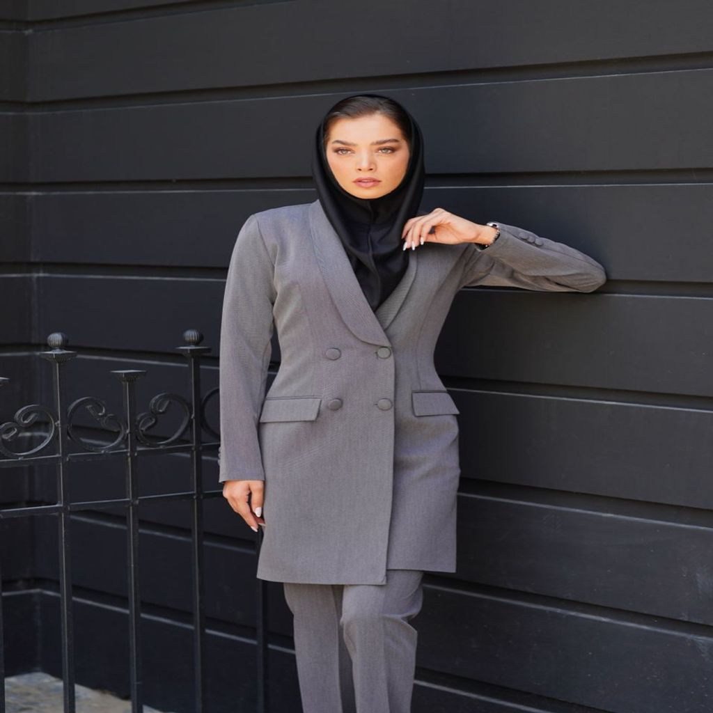 خرید اینترنتی قیمت مانتو شلوار اداری باران دخت مدل یقه آرشال فیونا کد 4060