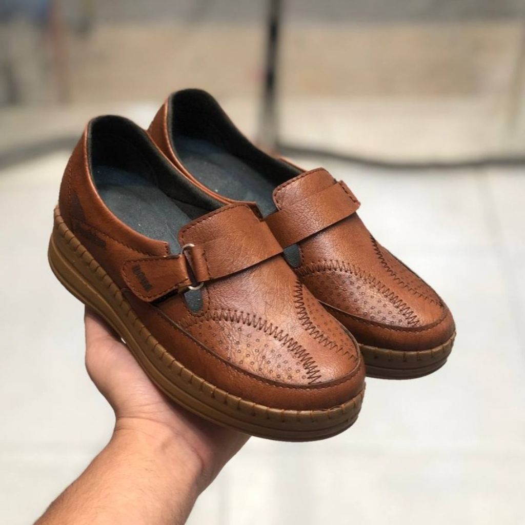 قیمت کفش طبی چرم زنانه چسبی رنگ عسلی