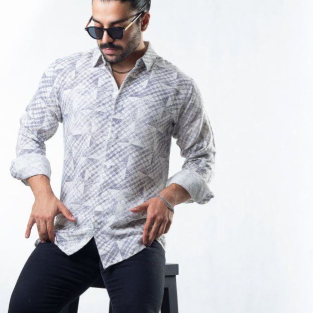 خرید اینترنتی پیراهن مردانه کنفی  طرح گلیمی 1010